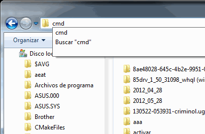 cmd en la barra de direcciones